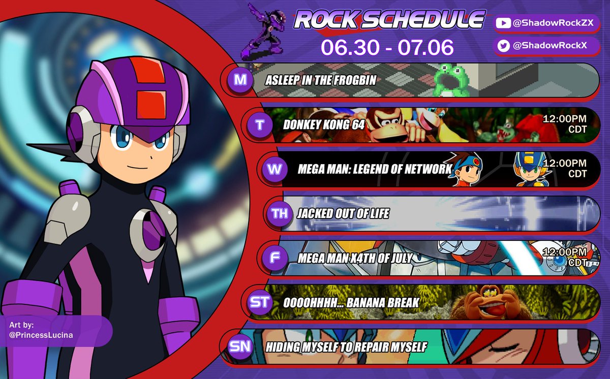 ShadowRockX's tweet image. Here's the stream schedule for the week of X4th of July!
That's right, we're keeping up tradition by streaming Mega Man X4 on the 4th of July! DK64 and EXE Legend of Network are also getting continuing sessions, starting tomorrow (July 1st).
Hope to see ya at the streams!