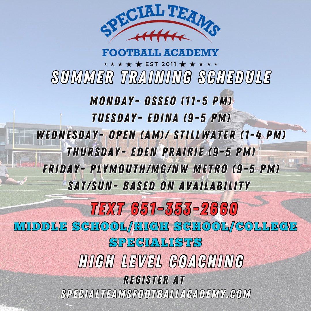 This week is “Dead week” with no formal HS lifting and team activities.  It’s a perfect week to get some extra lessons in for kicking, punting and long snapping. 

This is our availability for the week.

Text 651-353-2660 to secure a spot!