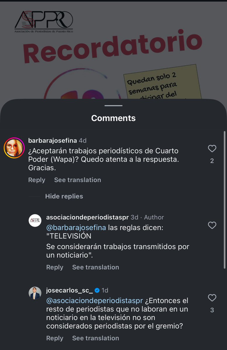 Entonces la <a href="/asppro_oficial/">AsocPeriodistasPR</a> no quiere evaluar trabajos de los colegas de <a href="/RayosxTelemundo/">Rayos X</a> y <a href="/CuartoPoderPR/">Cuarto Poder</a> porque no son “un noticiario”.

Pensaría uno que están más preocupados por etiquetas que por el gremio. Entérense: las formas de hacer periodismo cambiaron hace rato.