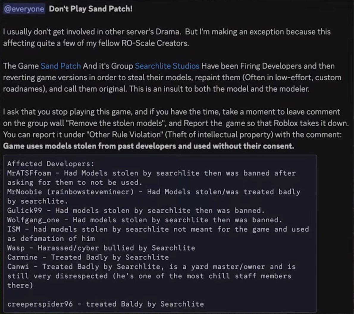 rsrouofficial's tweet photo. After what just happened, If anyone still supports Sneakystevegod, Searchlite Studios and their game, Sand Patch, you are not welcomed to play our game anymore.

Our condolences go out to those who were harassed and abused by these monsters.

#Roblox https://t.co/SU1BAspwzg