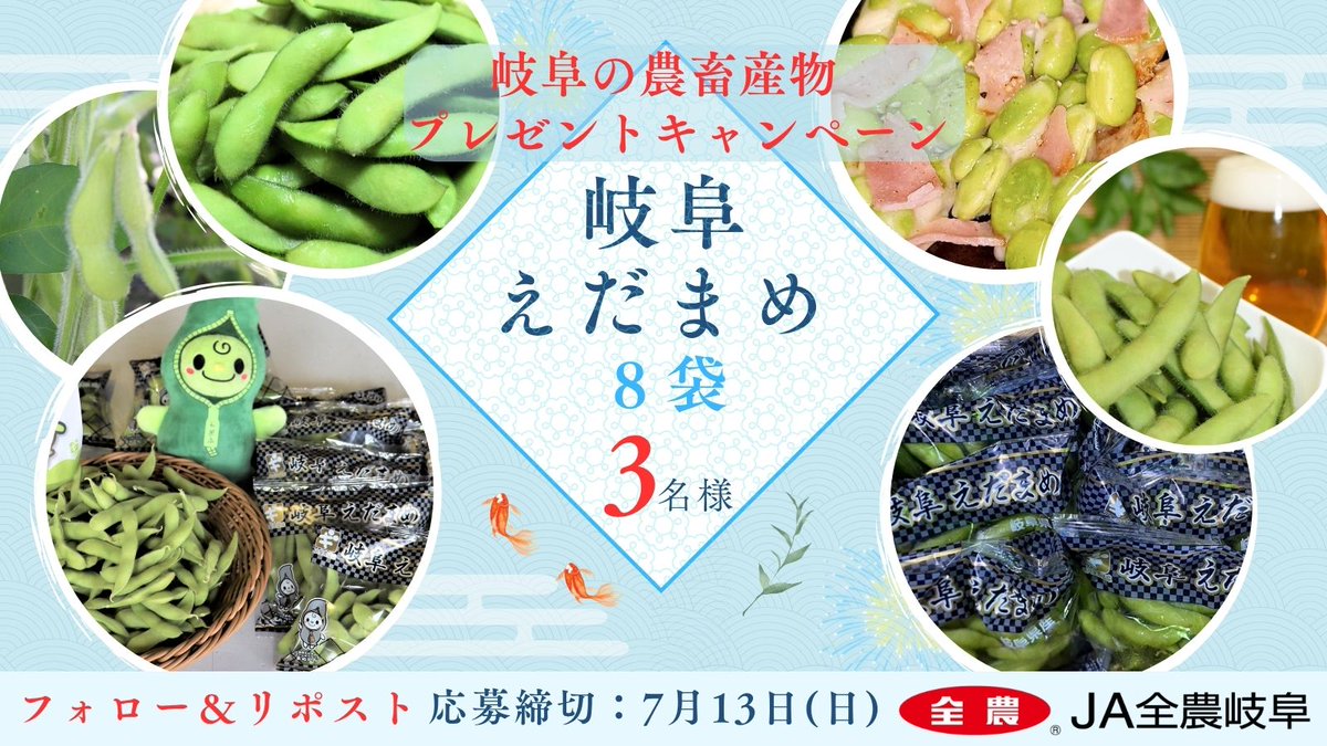 ／
岐阜の農畜産物
プレゼントキャンペーン🎁
＼

🫛岐阜えだまめ🫛
しかっりと詰まった大きな粒と深い甘みが特徴✨
🫛ビール🍺のおつまみに
🫛お子様のおやつに
🫛夕食のおかずに

全国有数のえだまめ産地岐阜から😊
抽選で3名様にプレゼント🎁

【応募方法】
1⃣アカウント<a href="/jazennohgifu/">JA全農岐阜</a>をフォロー