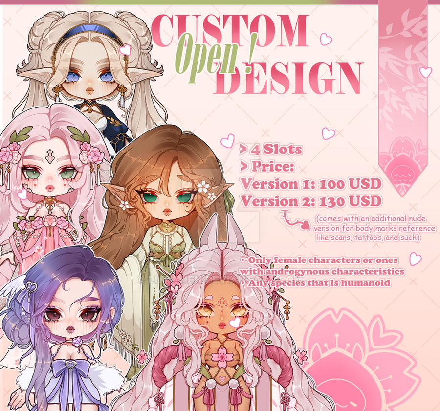 🌷Hello hello!  >.<
Slots for custom designs are available on DA!🌸
Here: deviantart.com/luthyien/art/1…