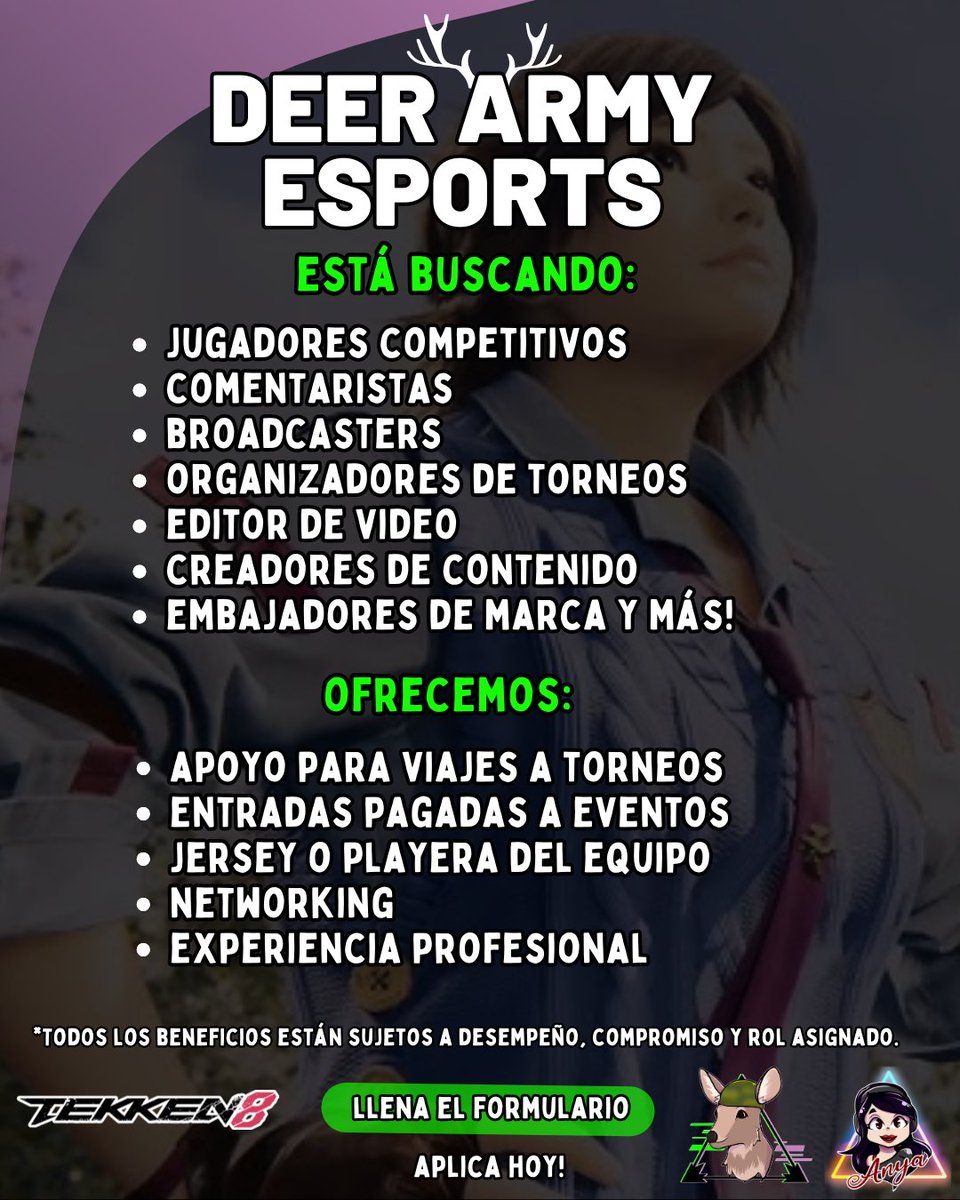 Join Us! 2025 Applications Are Now Live!🦌

¡Deer Army Esports está buscando nuevo talento!

¿Vives en Latinoamérica y te apasionan los juegos de pelea?

Ya puedes aplicar para formar parte del equipo
📥 Llena el formulario:
 forms.gle/TynKvot6fCZDV5…

#DeerArmy #Esports #FGC