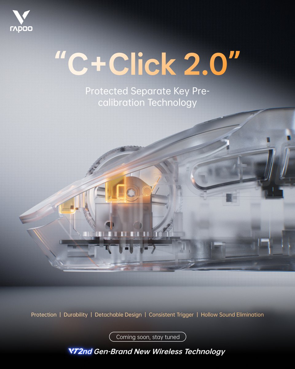 RapooOfficial's tweet photo. 🔧 C+Click 2.0 — Next-Level Key Switch Tech
Protected Separate Key Pre-Calibration Technology
Precision meets reliability.
Coming soon — stay tuned.
#CClick2 #DurableDesign #NoHollowSound #GamingGear #TechInnovation #Rapoo #Rapoogaming #NextGenGaming #pcgame https://t.co/YtqMiZYlbC