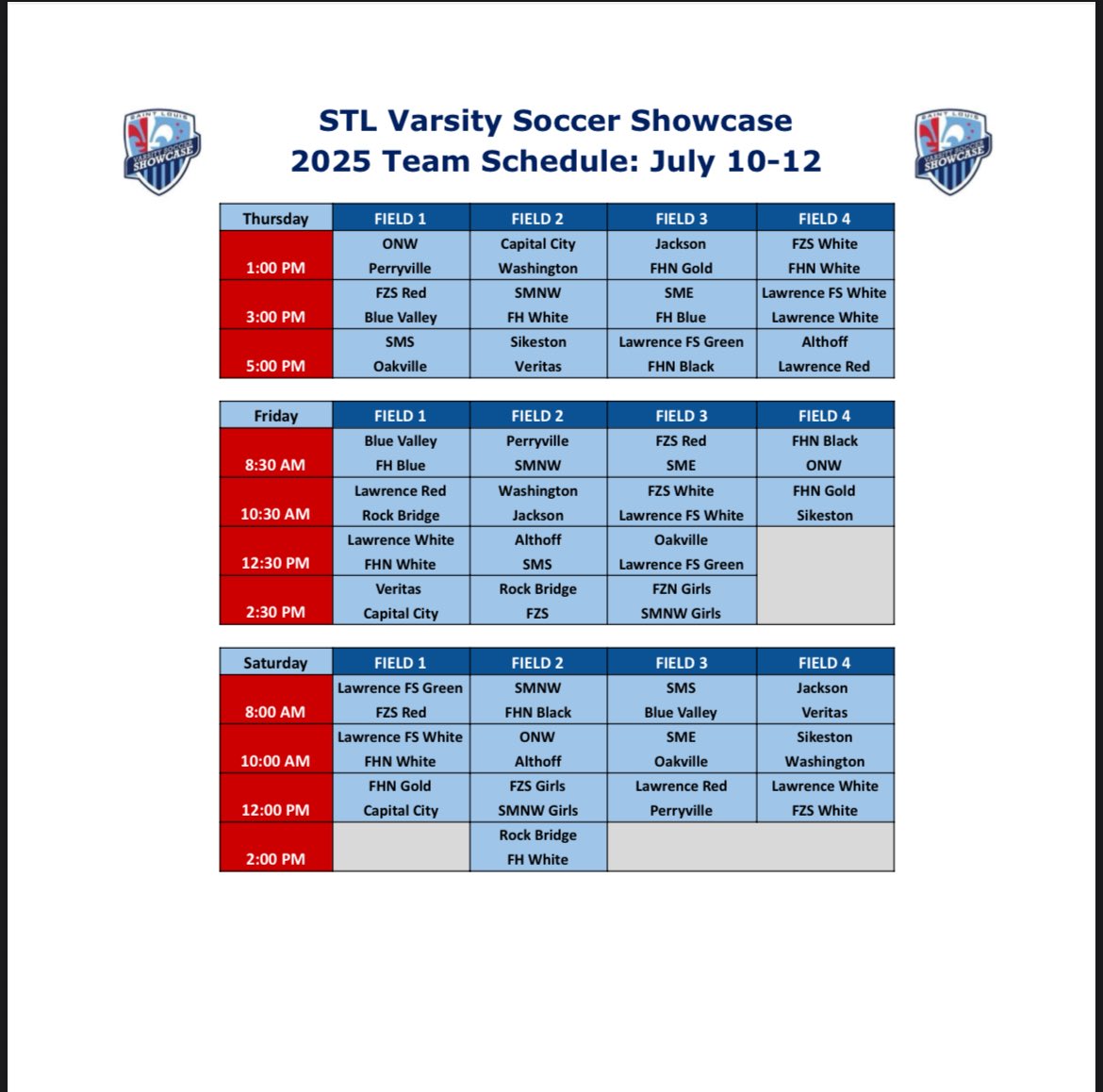 2025 Showcase schedule. All games will be played at the MO Rush Complex in O’Fallon.