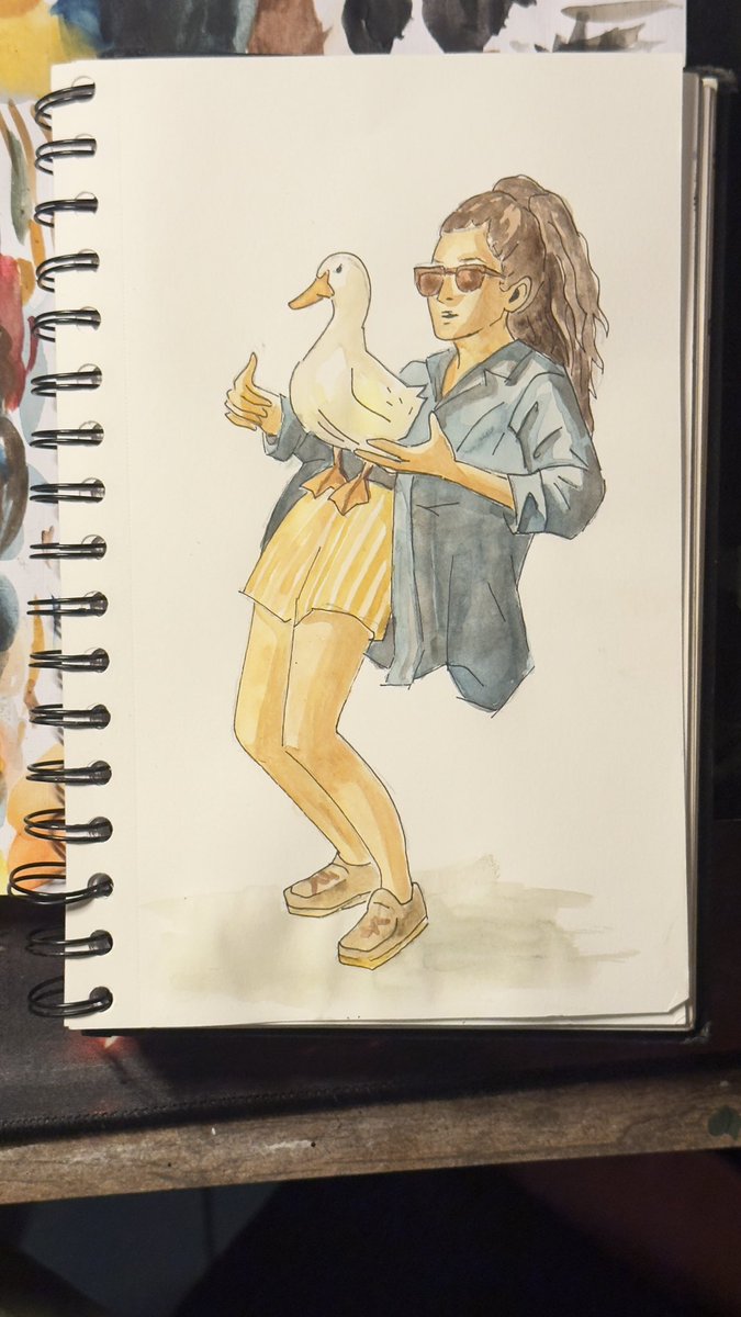 L_verlingue's tweet photo. “Sometimes all you need is good vibes, oversized shirts… and a duck.
Watercolor & ink sketch from my sketchbook ✨”
#sketchbook #watercolorart #illustration #ducklover #artjournal #artistsoninstagram #dailyart #funart #watercolorillustration #quirkyart #sketchbookart https://t.co/OFgyAZE5AV