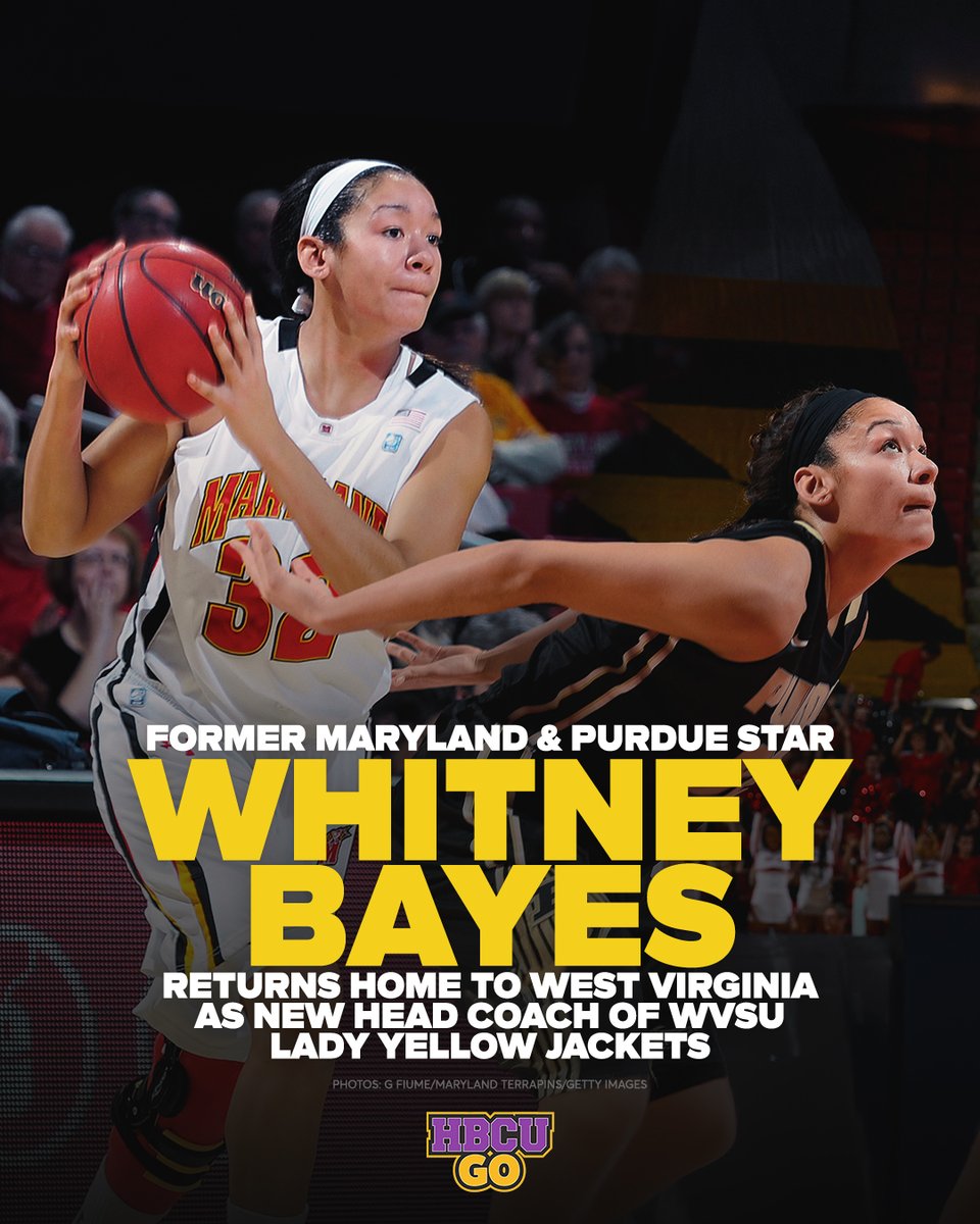 HBCUGoTV's tweet photo. Whitney Bays, a former standout at Maryland and Purdue, has been named the new head coach of the women's basketball team at West Virginia State University. Bays, a native of West Virginia, brings an impressive record of success to her new role - including winning two Gatorade Player of the Year awards in high school, setting a record for rebounding average at Purdue, and earning MVP honors overseas.

As a coach, Bays has achieved success at every program she's been a part of, guiding Gardner-Webb to a 29-5 season and a conference title, as well as developing talented players at Memphis State. She takes on her new position at WVSU after a successful 18-13 season for the Lady Yellow Jackets, and she plans to continue building on that momentum. Bays has expressed her gratitude for the opportunity to lead a program with a strong tradition and a commitment to developing champions both on and off the court.

Original article: https://t.co/tVgdpX231J

#hbcunews #hbcupride #wvsu #whitneybays