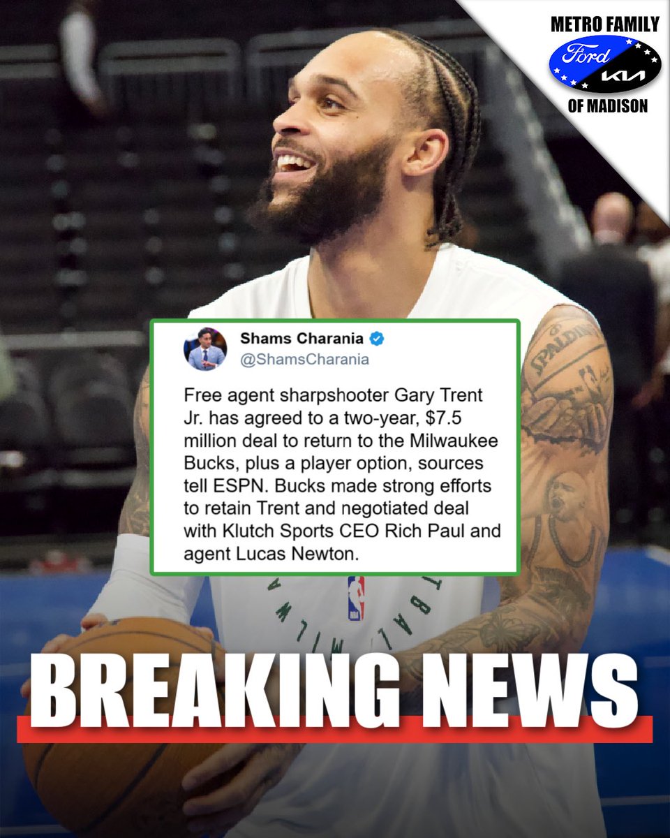 ESPN Madison (@espnmadison) on Twitter photo ππ«πππ€π’π§π πππ°π¬: Gary Trent Jr. has agreed to a two-year, $7.5 million deal to return to the #Bucks. The deal will also include a player option, per <a href="/ShamsCharania/">Shams Charania</a>.
<a href="/MetroKiaMadison/">Metro Kia of Madison</a> | <a href="/MetroFordWI/">Metro Ford of Madison</a> ππ«πππ€π’π§π πππ°π¬: Gary Trent Jr. has agreed to a two-year, $7.5 million deal to return to the #Bucks. The deal will also include a player option, per <a href="/ShamsCharania/">Shams Charania</a>.
<a href="/MetroKiaMadison/">Metro Kia of Madison</a> | <a href="/MetroFordWI/">Metro Ford of Madison</a>
