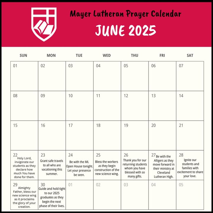 mayerlutheran's tweet image. The July ML Prayer Calendar is now available on the ML website, mayerlutheran.org. Please add the prayers on it to your own as you pray for the ministry of Mayer Lutheran during the month of July! #thepowerofprayer #wearemayerlutheran