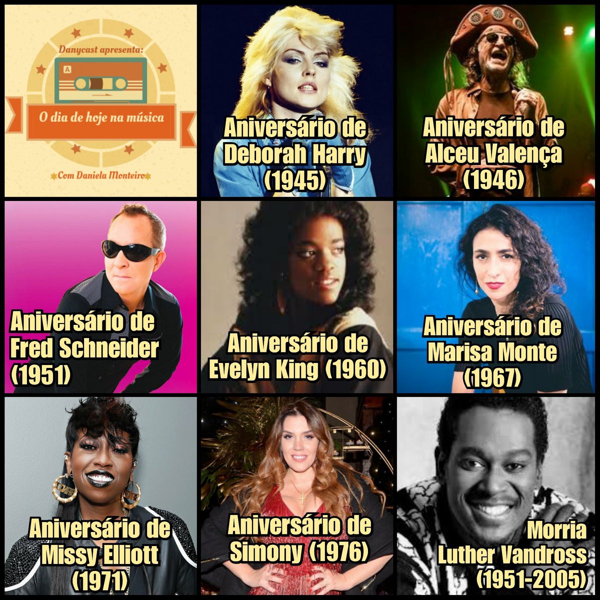 danielamonteiro's tweet photo. Edição 01 de julho! 🎶
#danycast #thisdayinmusic #hojenamúsica #debbieharry #alceuvalença #fredschneider #b52s #evelynchampagneking #marisamonte #mpb #missyelliott #simony #luthervandross #blondie https://t.co/EGCQsD7ldb