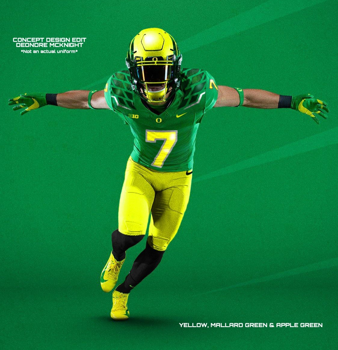 High Flyin'.

Oregon Ducks Yellow, Mallard Green &amp; Apple Green Uniform Concept!!!!

Mallard Green Helmet &amp; Jersey Wings Included! Now this would be awesome to see in real life! *Not an actual uniform* #GoDucks #Nike