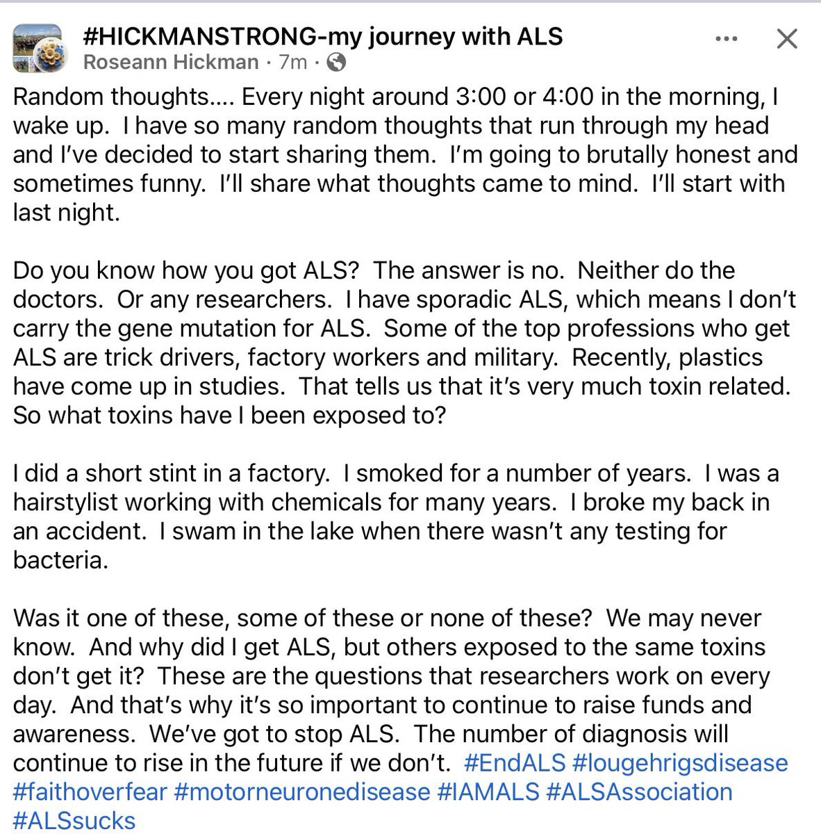 CathyStandish's tweet image. Fred had random thoughts about why he was diagnosed with #ALS. Was it because his ears were irradiated at the age of 5? Was it because of his time in the army and the reserves? Was it because he had an accident on his motor bike? Or was he part of an ALS cluster (three men…