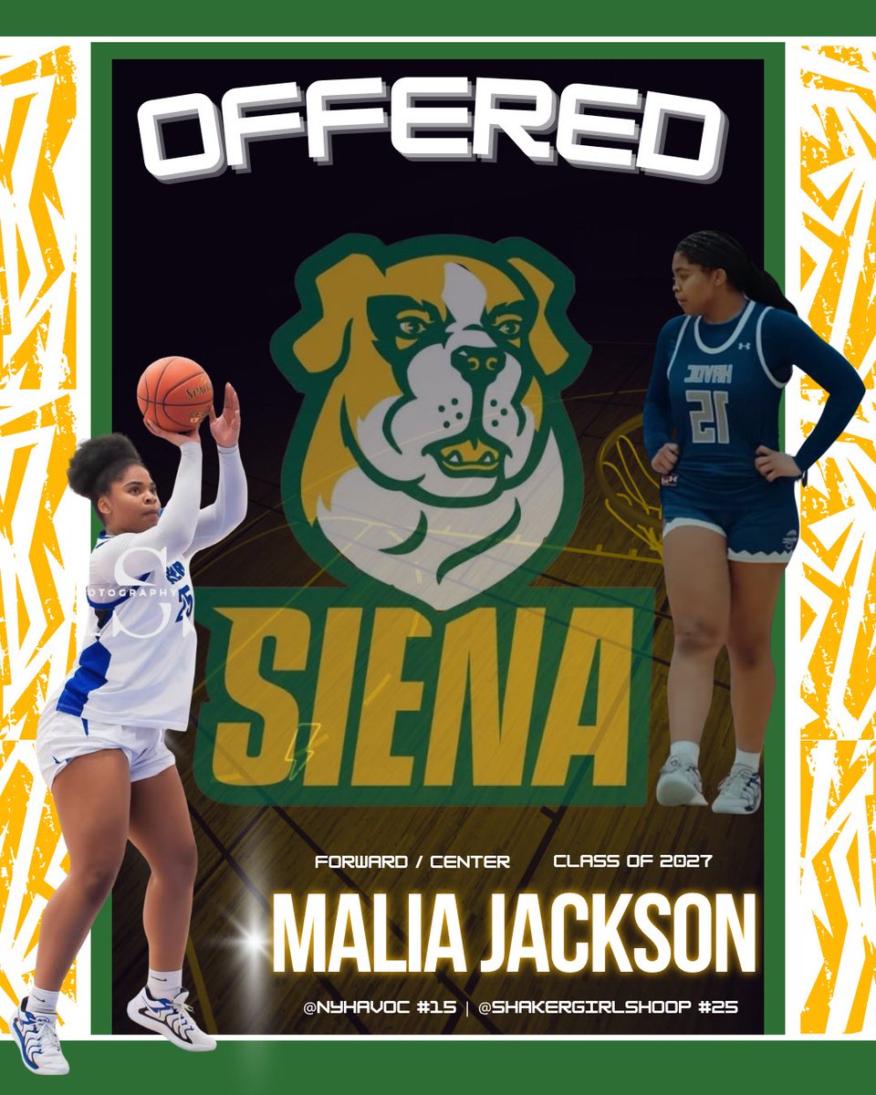 Malia Jackson (@maliajackson27) on Twitter photo After attending <a href="/Siena_WBB/">Siena Women’s Basketball</a>'s elite camp this past Saturday and having an amazing talk with <a href="/SienaCoachPrimm/">Terry Primm</a>, I am blessed to receive another D1
offer! Thank you Coach Syd and Coach Primm for giving me this opportunity!! #GOSAINTS 💛💚 After attending <a href="/Siena_WBB/">Siena Women’s Basketball</a>'s elite camp this past Saturday and having an amazing talk with <a href="/SienaCoachPrimm/">Terry Primm</a>, I am blessed to receive another D1
offer! Thank you Coach Syd and Coach Primm for giving me this opportunity!! #GOSAINTS 💛💚