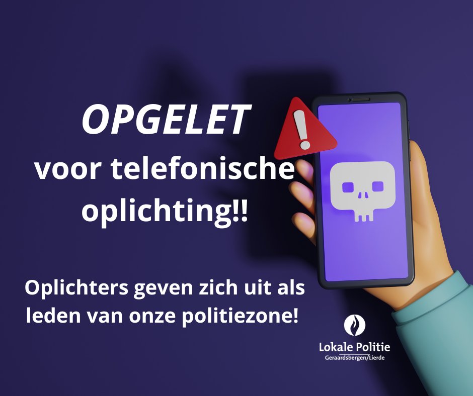 ⚠️Meerdere meldingen van #oplichters die zich telefonisch uitgeven als leden van onze politiezone. Ze beweren dat er een 'plaag van oplichtingen/diefstallen' aan de gang is en proberen zo het vertrouwen te winnen.
❌De politie zal NOOIT telefonisch vragen naar je bankgegevens!