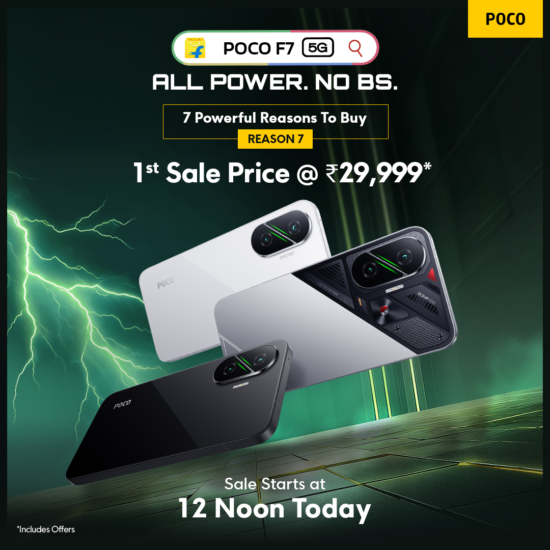 IndiaPOCO's tweet image. Reason 7: And all this for just ₹29,999*🤯
Flagship features. Mid-range price.
The #POCOF75G is THE deal of 2025.
First Sale goes live at 12 Noon today on #Flipkart
dl.flipkart.com/s/jd9euPuuuN