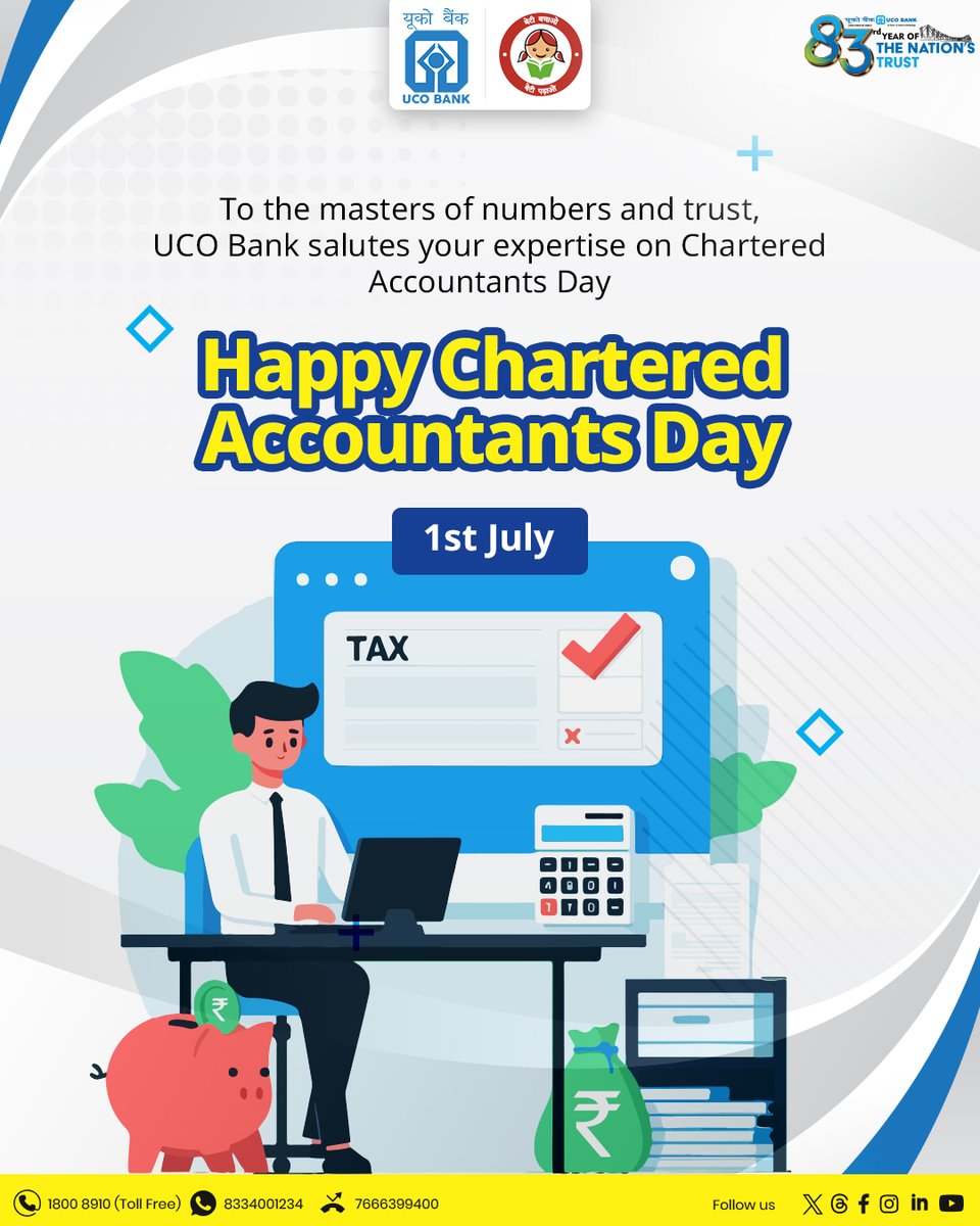 UCOBankOfficial's tweet photo. To the architects of accuracy and guardians of trust —
UCO Bank salutes the dedication, integrity, and brilliance of every Chartered Accountant.
Happy Chartered Accountants Day! 👏
#CharteredAccountantsDay #UCOBank #NumbersWithIntegrity #CAsOfIndia https://t.co/FBAInJxdvb