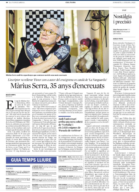Màrius Serra (@mariusserra) on Twitter photo Avui fa 35 anys dels meus primers mots encreuats a <a href="/LaVanguardia/">La Vanguardia</a>
Ho celebro reeditant "Verbàlia" i publicant "Paraula de verbívor", un recull dels 2025 millors enigmes ordenats segons el nivell de dificultat, amb la solució raonada.
Un enigma és un aforisme que cal completar Avui fa 35 anys dels meus primers mots encreuats a <a href="/LaVanguardia/">La Vanguardia</a>
Ho celebro reeditant "Verbàlia" i publicant "Paraula de verbívor", un recull dels 2025 millors enigmes ordenats segons el nivell de dificultat, amb la solució raonada.
Un enigma és un aforisme que cal completar