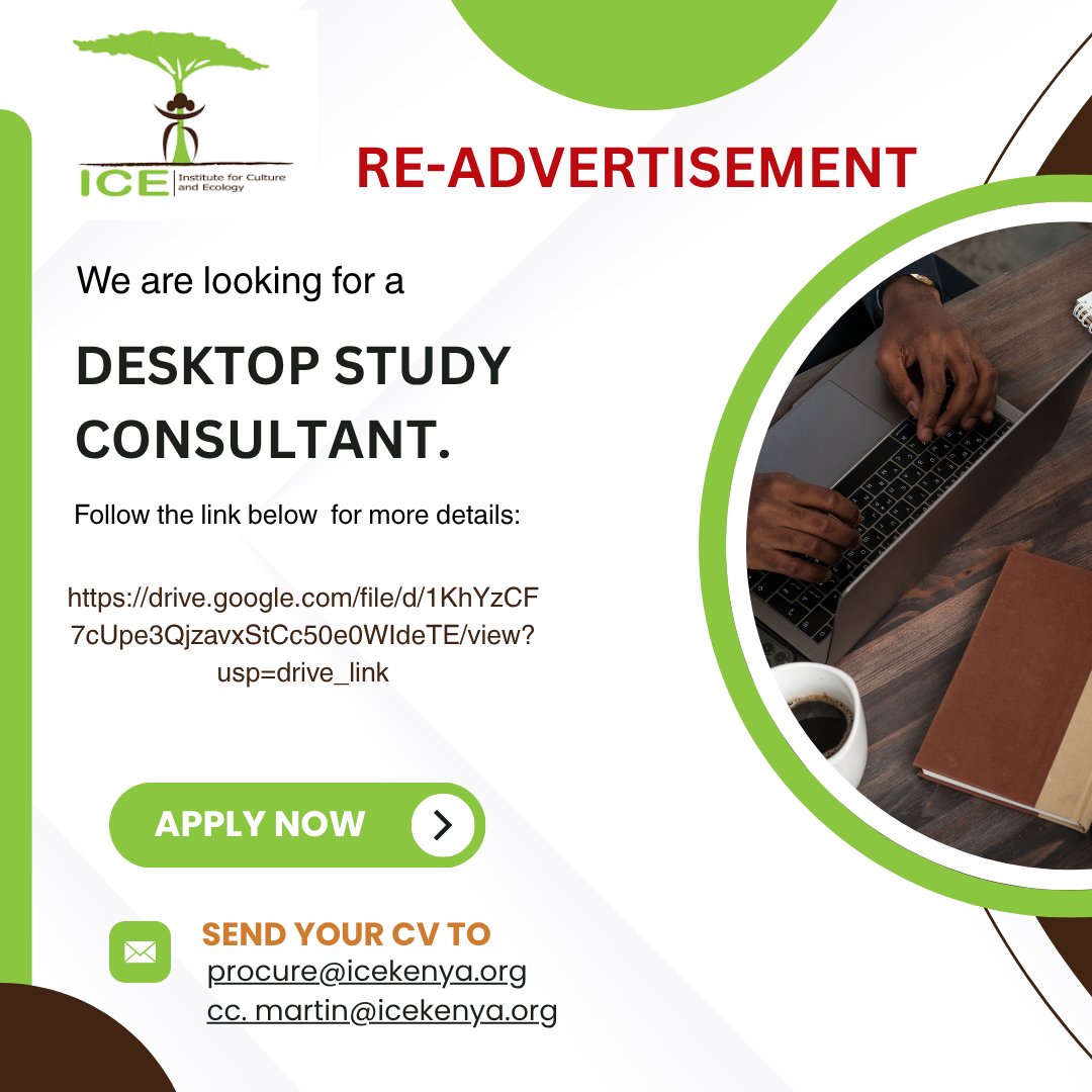 RE-ADVERTISEMENT!
<a href="/ICEkenyaorg/">ICE Kenya</a>  is looking for a consultant to Review Biodiversity Monitoring and Registration Framework in Kenya.
Click on the link below for more details.
drive.google.com/.../1KhYzCF7cU…...
#IkoKaziKE #ikokazikenya