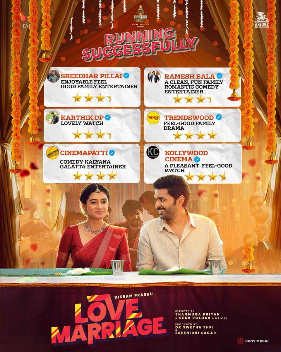 Assure Films (@assurefilms) on Twitter photo Don’t miss to catch the feel-good, wholesome family entertainer #LoveMarriage in theatres now 🤗❤️
Directed by <a href="/Director_Priyan/">shanmuga priyan</a> 🎬
A <a href="/RSeanRoldan/">Sean Roldan</a> musical 🎶
<a href="/iamVikramPrabhu/">Vikram Prabhu</a> <a href="/sush_bhat94/">Sushmitha Bhat</a> <a href="/Meenakshidine0/">Meenakshi Dinesh</a> <a href="/thilak_ramesh/">Ramesh Thilak</a> <a href="/barathvikraman/">Barath Vikraman</a>
<a href="/madhandop/">Madhan Christopher</a> <a href="/Lyricist_Mohan/">mohanrajan Lyricist</a>
<a href="/Rakarthik_dir/">Ra.Karthik</a> Don’t miss to catch the feel-good, wholesome family entertainer #LoveMarriage in theatres now 🤗❤️
Directed by <a href="/Director_Priyan/">shanmuga priyan</a> 🎬
A <a href="/RSeanRoldan/">Sean Roldan</a> musical 🎶
<a href="/iamVikramPrabhu/">Vikram Prabhu</a> <a href="/sush_bhat94/">Sushmitha Bhat</a> <a href="/Meenakshidine0/">Meenakshi Dinesh</a> <a href="/thilak_ramesh/">Ramesh Thilak</a> <a href="/barathvikraman/">Barath Vikraman</a>
<a href="/madhandop/">Madhan Christopher</a> <a href="/Lyricist_Mohan/">mohanrajan Lyricist</a>
<a href="/Rakarthik_dir/">Ra.Karthik</a>