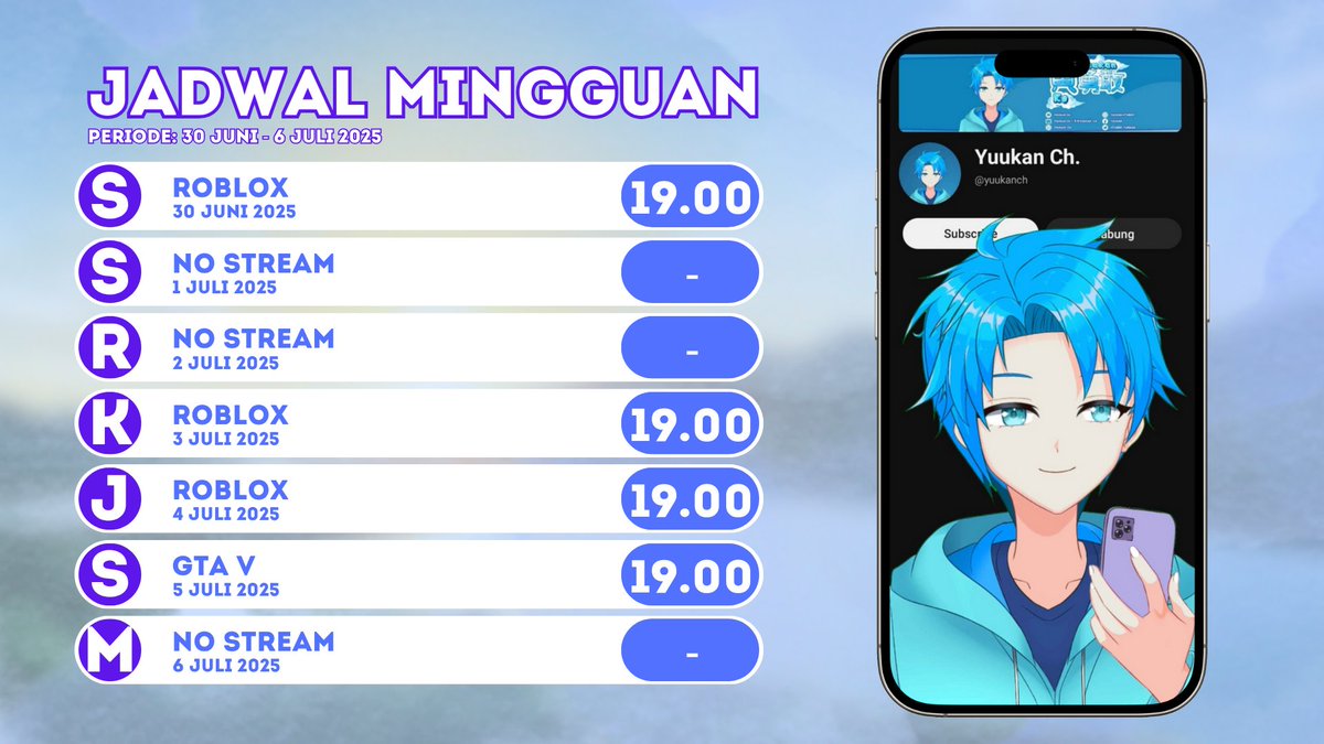 vtuber_yuukan's tweet photo. Jadwal Stream Mingguan Yuukan
Periode: 30 Juni - 6 Juli 2025
*Jadwal dapat berubah sewaktu-waktu*
#YuukanCh #youtube #vtuber #vtuberen #vtuberid #stream #streamer #weeklyschedule #schedule #jadwal https://t.co/zwZNIFlWhz