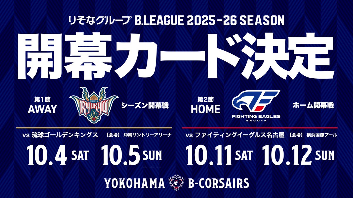 ／
#りそなグループ B.LEAGUE 2025-26 SEASON
シーズン開幕戦＆ホーム開幕戦日程発表！
＼

横浜ビー・コルセアーズのホーム開幕は10月11日(土).12日(日) ファイティングイーグルス名古屋戦です🔥

🔽詳細はこちら
b-corsairs.com/news/game_2025…

#ビーコル #Bリーグ
