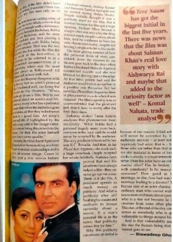 MujahirBO's tweet photo. Tere Naam has got the biggest initial in the last five years --- #KomalNahta
Tere Naam Opening hysteria surpassed all other films released in last five years (including K3G) as per most respected #KomalNahta sir.
However Dalla BOI after 15 years manipulated all the data. https://t.co/p0Fk2B3GB0