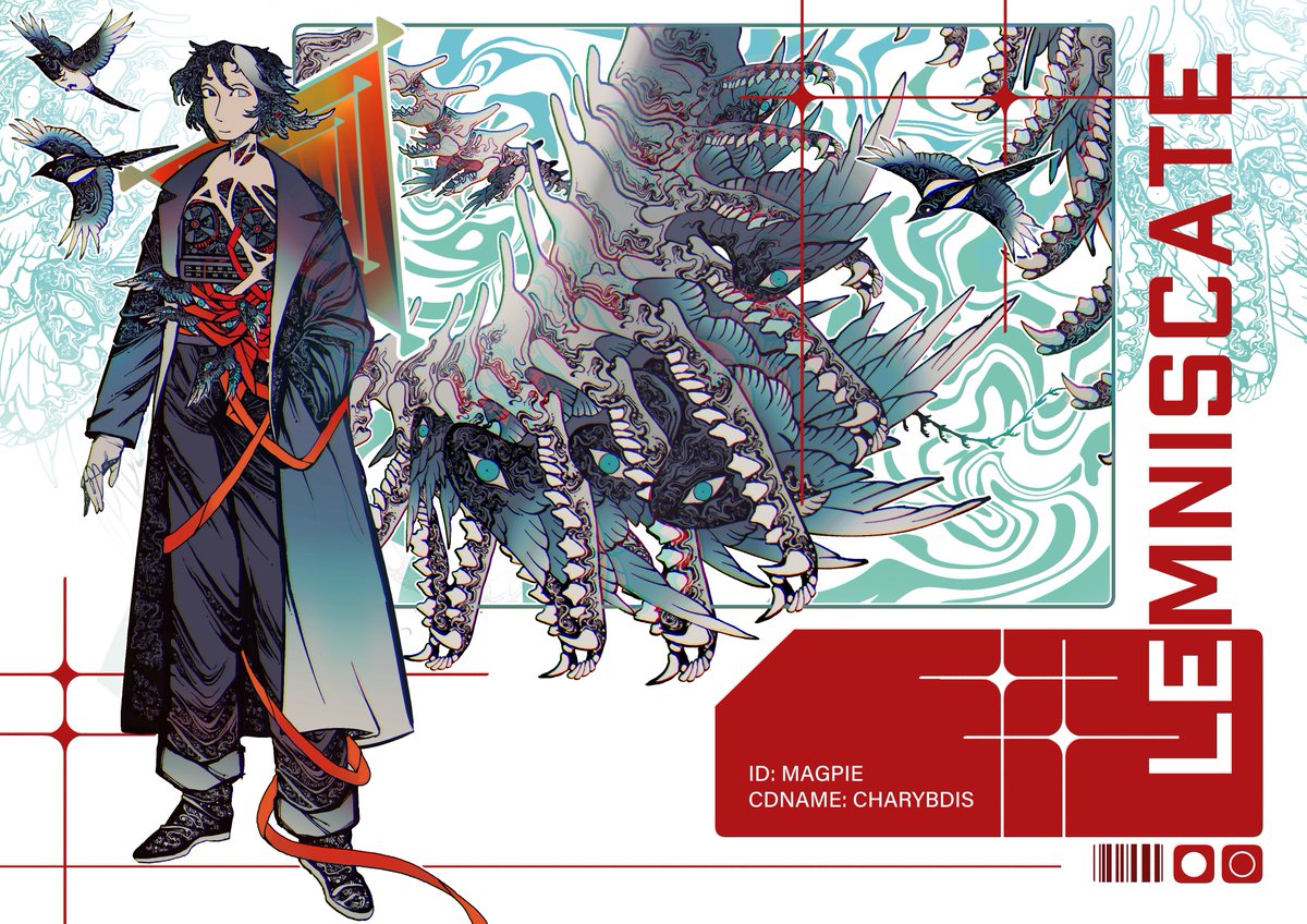 Magpie. Infested by the angel Charybdis in their endless hunger for knowledge. A character sheet for my personal project as a treat.