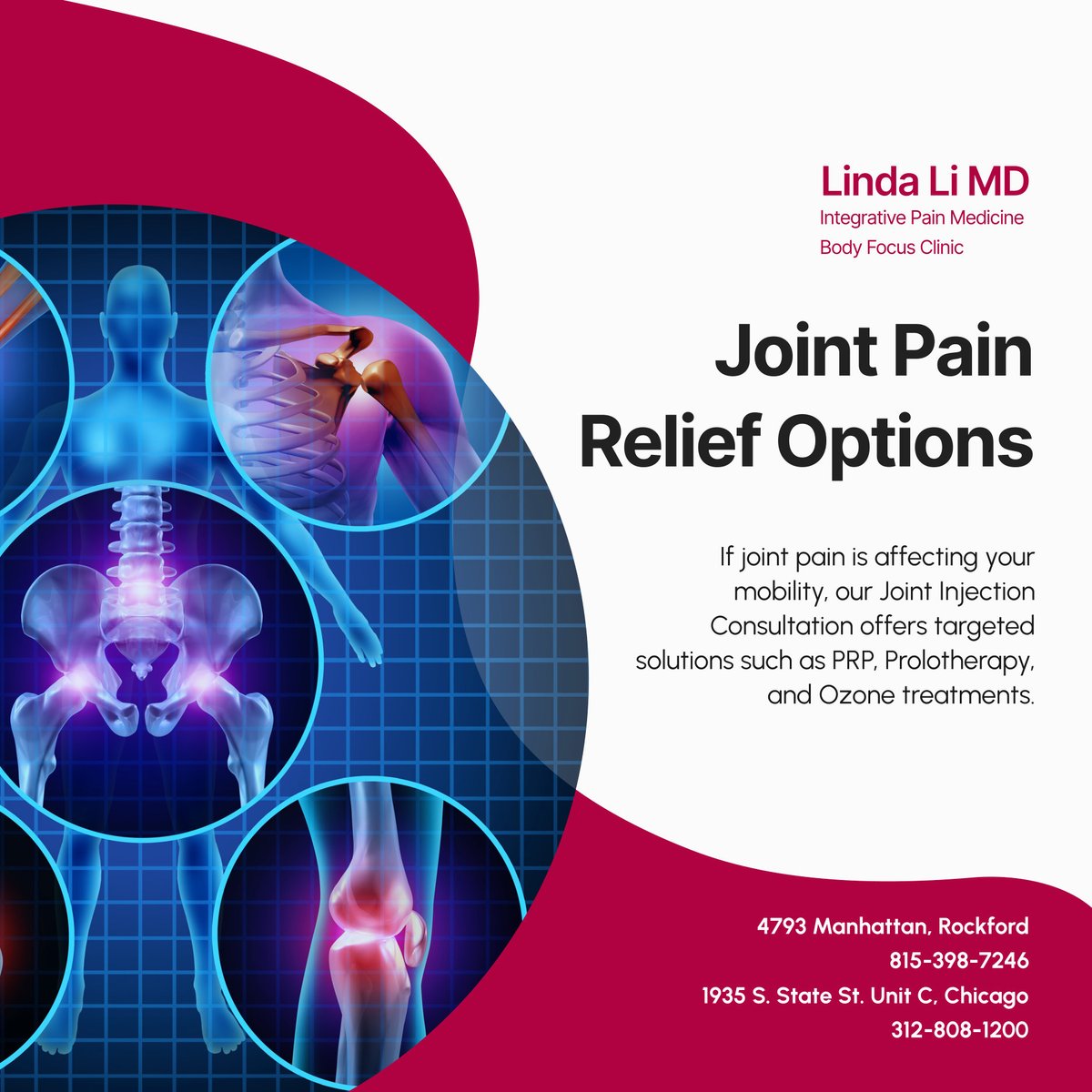 Integrativempc's tweet photo. Joint pain doesn't have to control your life. Explore our joint injection options and find relief through advanced treatments. Schedule a consultation today! 

#ChicagoIL #JointPainRelief #MedicalPainClinic #AdvancedPainCare #MobilitySupport https://t.co/lbCPvGnnyr