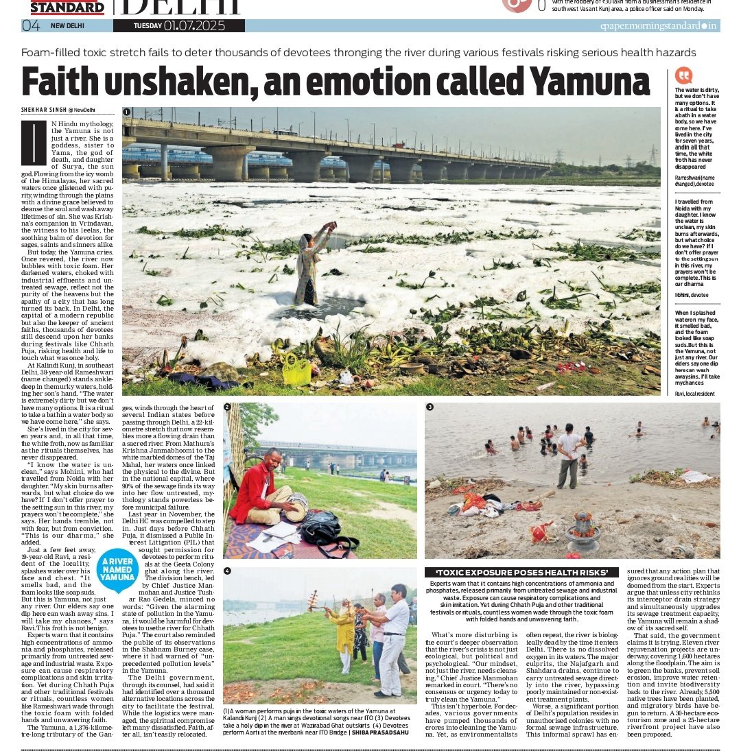 TheMorningStandard (@themornstandard) on Twitter photo Today, the Yamuna cries. Once revered, the river now bubbles with toxic foam. Her darkened waters, choked with industrial effluents and untreated sewage, reflect not the purity of the heavens but the
apathy of a city that has long
turned its back. Story by <a href="/ShekharSinghB/">Shekhar Singh</a> Today, the Yamuna cries. Once revered, the river now bubbles with toxic foam. Her darkened waters, choked with industrial effluents and untreated sewage, reflect not the purity of the heavens but the
apathy of a city that has long
turned its back. Story by <a href="/ShekharSinghB/">Shekhar Singh</a>