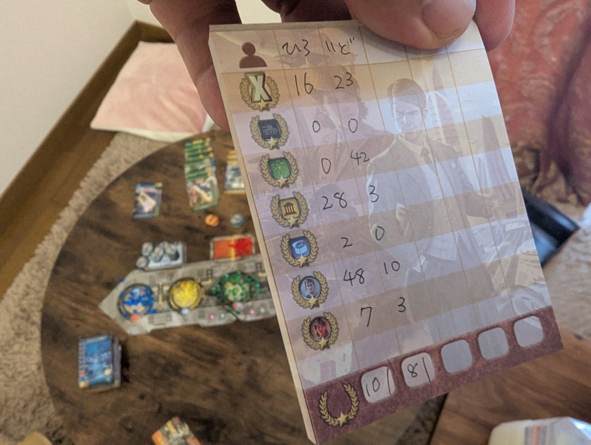 ここ最近ボードゲームてば連敗続き、桃鉄の９９年目で逆転されたりと、いどに煮え湯を飲まさせ続けて来た私ですが。昼にやったイッツワンダフルワールドにて、ついに１００点超えを果たしました。いどより先に。大事なのでもう一度言います。いどより先に。
こうやって事がハマると気持ちいいよな。