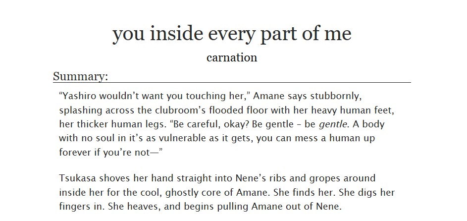 carnation_ao3's tweet photo. FIC: 'you inside every part of me', Tsukasa/Amane....... ft. Nene, sort of, F/F + NSFW; 15k in total.

incl. possession, ghost sex, consent issues (an understatement). nene herself is not actually in this fic. arriving late for #tsumaneweek2025!

on ao3: https://t.co/rPnwdVPwBw https://t.co/j3GHslZ8VM