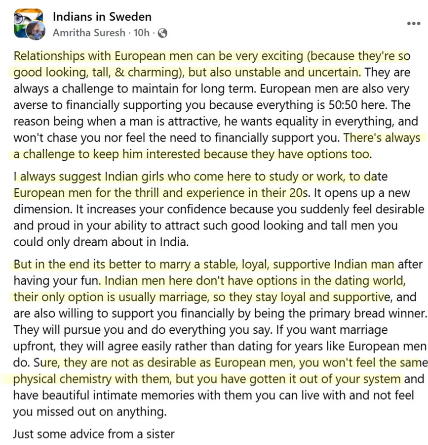 Date European men in your 20s. Marry a rich Indian man when you’re bored.

Peak feminism.