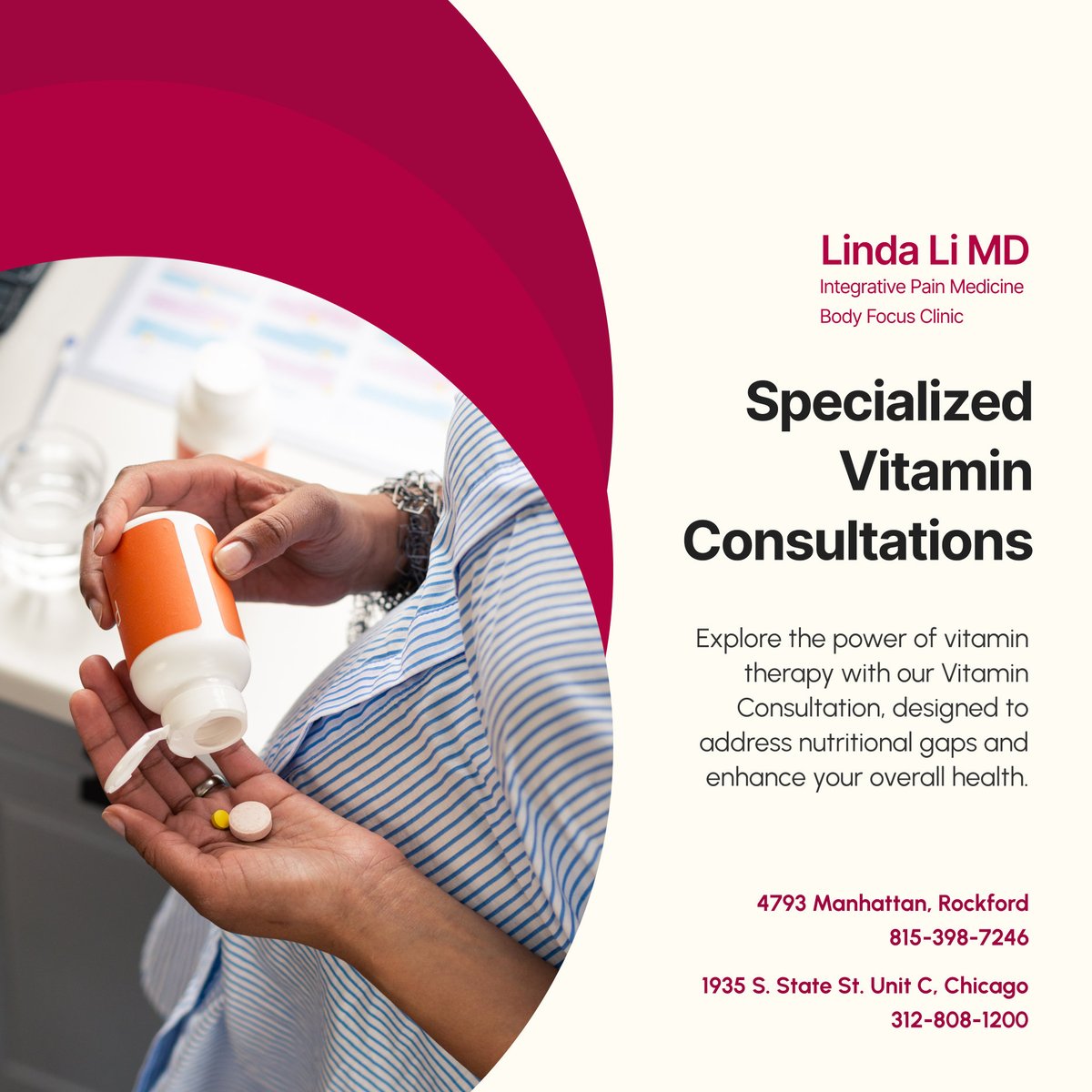 Integrativempc's tweet photo. Ready to optimize your health? Our Vitamin Consultation helps you understand the best supplements for your needs. Let's get your health back on track today! 

#ChicagoIL #MedicalPainClinic #VitaminTherapy #NutritionSupport #WellnessConsultation https://t.co/Lf1j1XGvXz