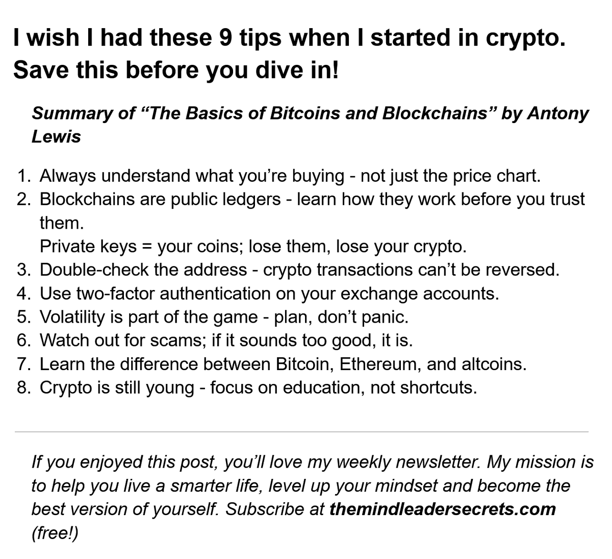 Mindtutorials's tweet photo. I wish I had these 9 tips when I started in crypto.
Save this before you dive in!
#FinancialMastery https://t.co/Pm8rtMUif4