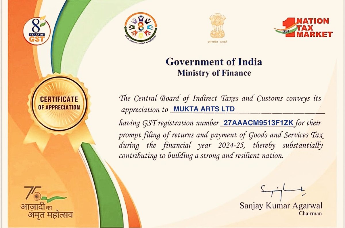 Thank u Govt of india - finance ministry for a certificate of appreciation to MUKTA ARTS LTD for its contributions in our national building by our regular payments to GST N CUSTOM depts. 
n recognition of our culture like other honest companies of india 🇮🇳 

@muktaartsltd