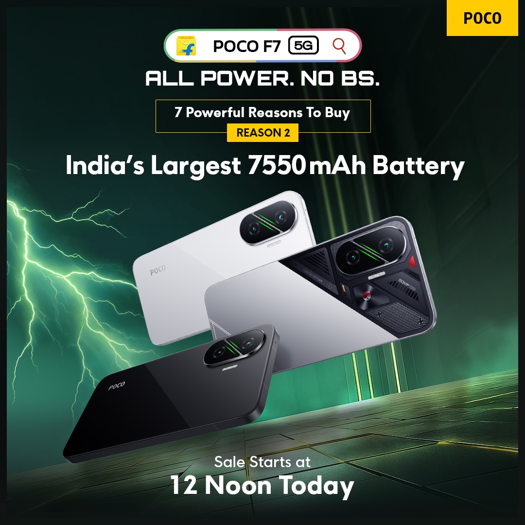 IndiaPOCO's tweet image. India’s Largest 7550 mAh Battery 🔋
Endurance that outlasts your day.
First Sale goes live at 12 Noon today on #Flipkart
Get Yours Here👉dl.flipkart.com/s/jd9euPuuuN