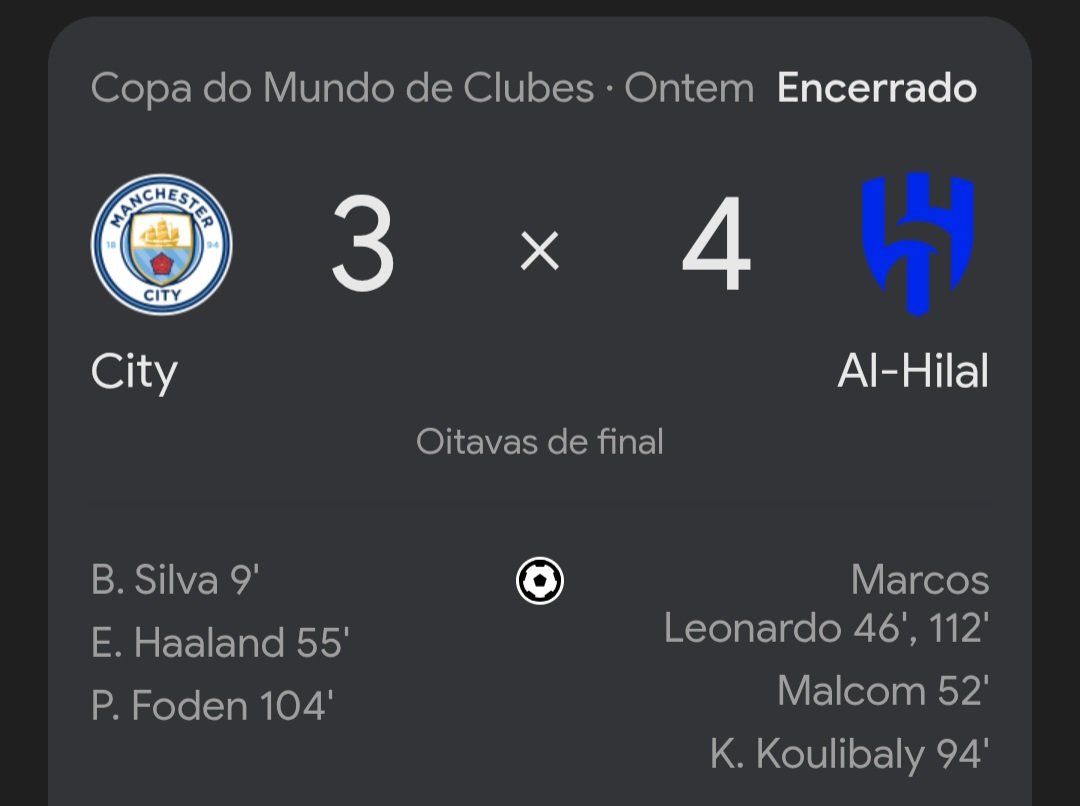 O INACREDITÁVEL ACONTECEU!!
City é eliminado depois de um jogo muito disputado e Al Hilal segue enfrente na competição.