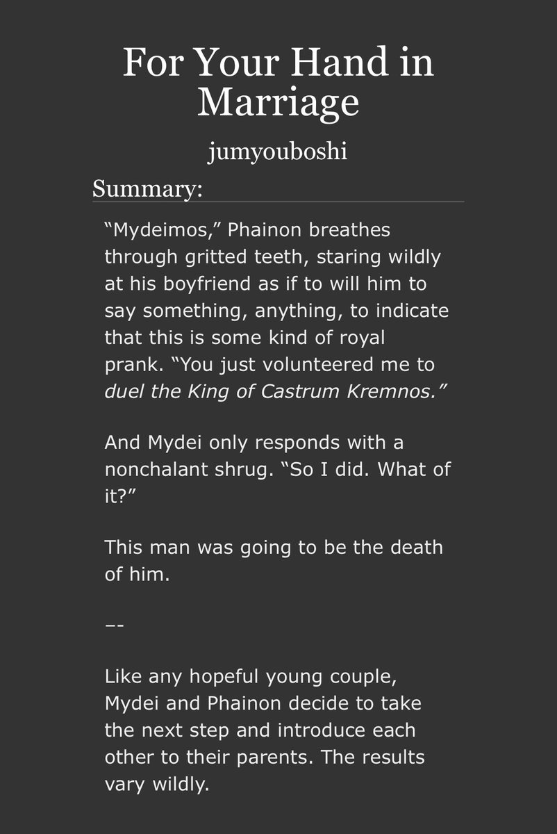 jumyouboshi's tweet image. i almost forgot i had to post this on twitter 😭

#myphai fic where phainon and mydei introduce each other to their parents!
for #myphaiweek2025 day 6 (free day)

🔗⬇️