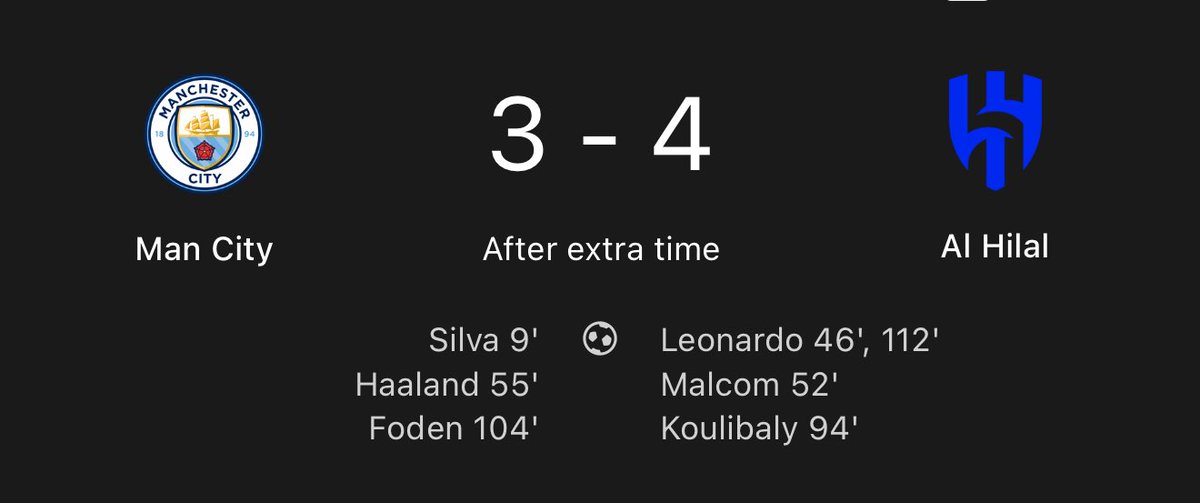 AL HILAL KNOCK OUT MANCHESTER CITY 

BEST MATCH OF TOURNAMENT SO FAR