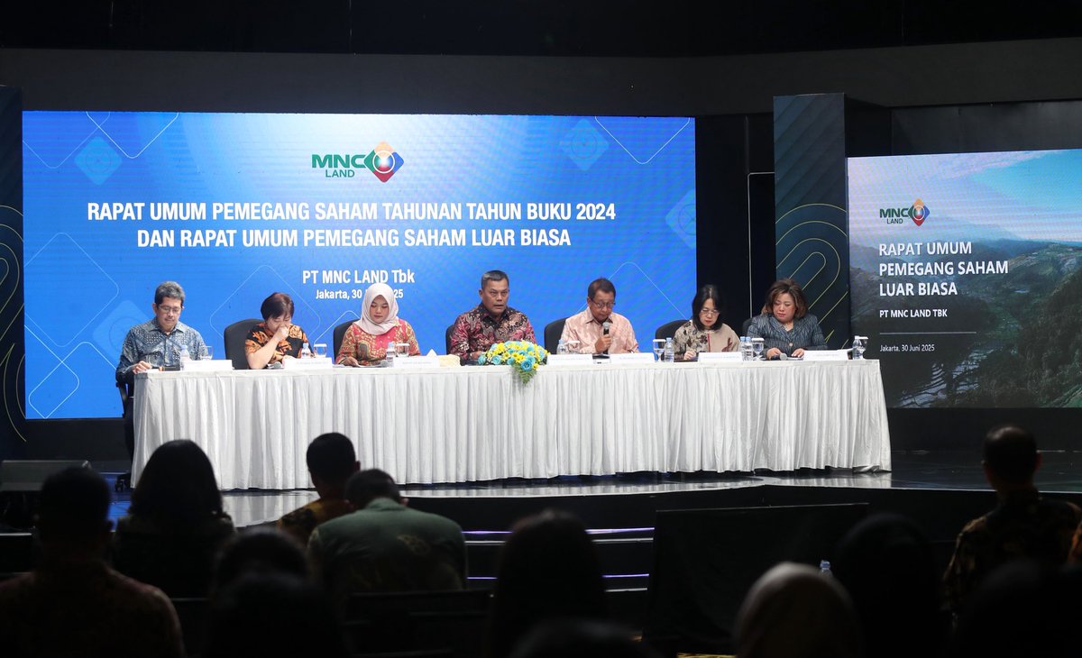 MNCTourismOffcl's tweet photo. MNC Land laporkan kinerja solid 2024 dalam RUPS 30 Juni 2025, disertai pengesahan susunan baru direksi &amp; sejumlah agenda strategis, termasuk rebranding jadi MNC Tourism Indonesia Tbk.

🔗 https://t.co/uWb1Asc3QJ

#RUPS2024 #KEKMNCLidoCity #MNCLand #KPIG #MNCGroup https://t.co/wz0GMfj5wr