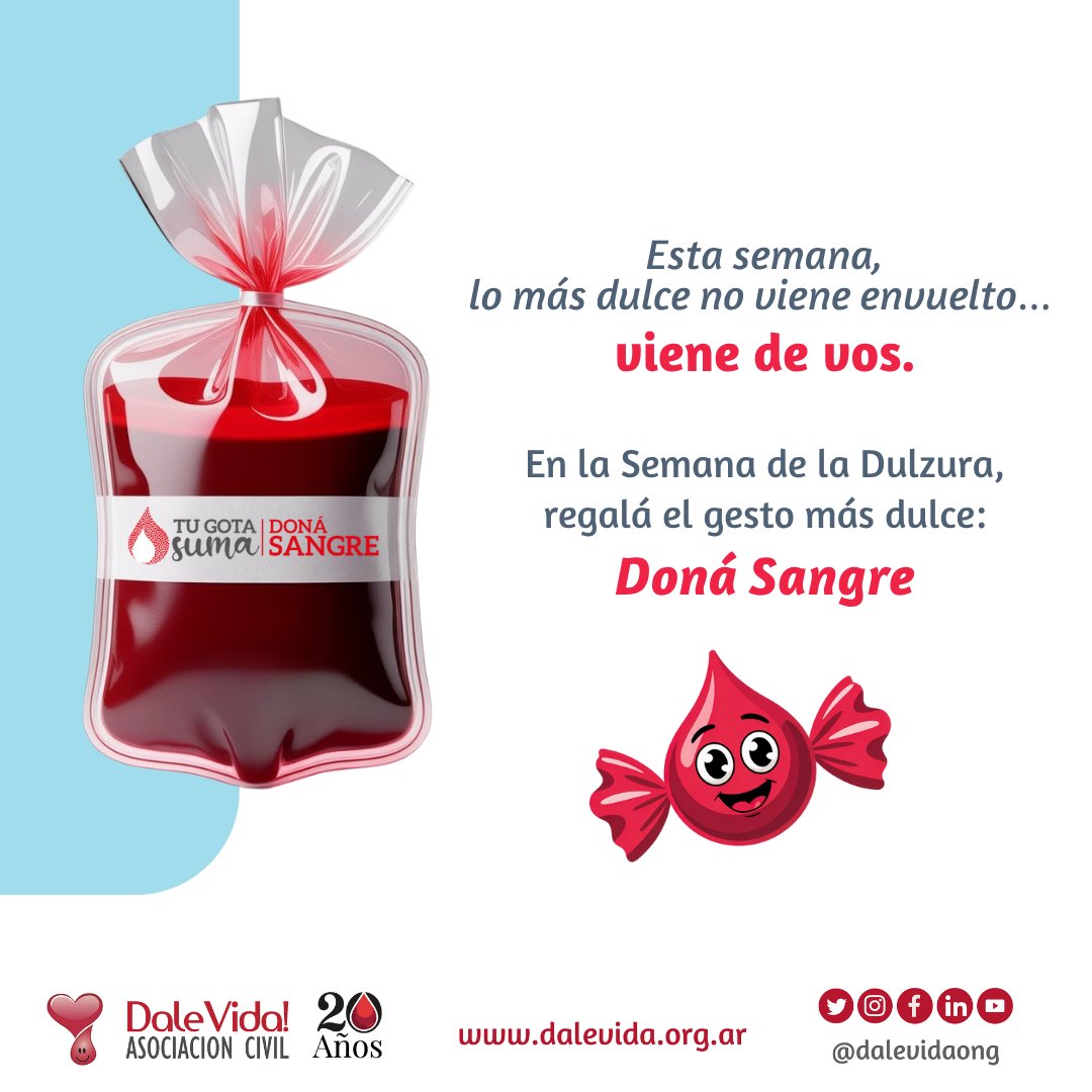 🍬 Del 1 al 7 de julio es la Semana de la Dulzura.
Y este año, te invitamos a sumar una nueva forma de regalar:
🩸 Donando sangre.

Porque no hay nada más dulce que un gesto que puede salvar hasta 3 vidas.

📍 Buscá dónde podés donar cerca tuyo

❤️ Esta semana, regalá vida.
