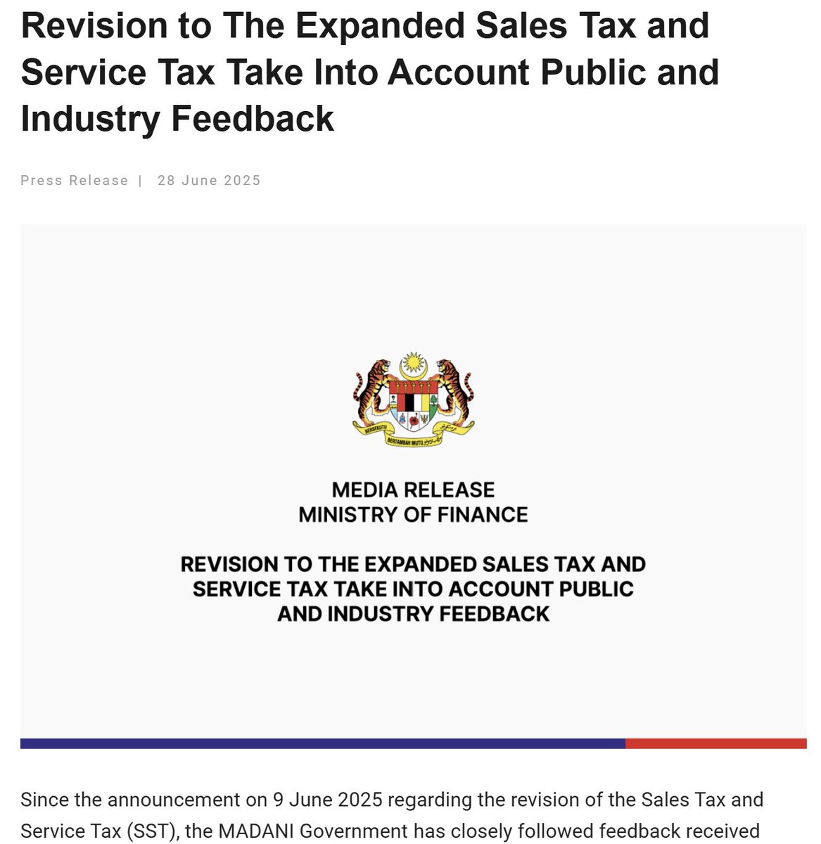 TheFuturizts's tweet photo. 3 days ago, the Ministry of Finance released a press statement to U-turn a few things from the SST increase.

They did this to “Take Into Account Public and Industry Feedback.”

If you haven’t read it, here’s an updated list of changes. 

🧵