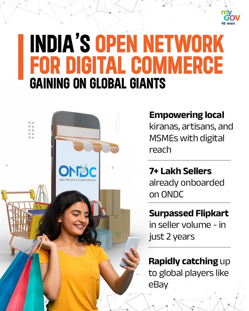 ONDC: A Digital Marketplace for Every Indian In just two years, the Open  Network for Digital Commerce (ONDC) has onboarded over 700,000 sellers,  outperforming many established e-commerce platforms. ONDC is  revolutionizing digital