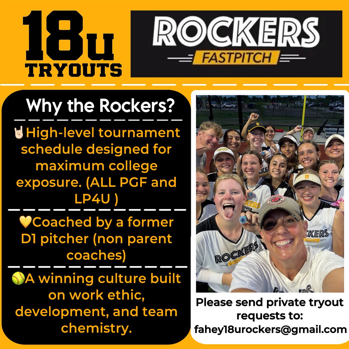We're building our 2025/26 roster &amp; looking for dedicated athletes to join our competitive, college-exposure focused team - including a pitcher and catcher. Please send private tryout requests to: fahey18urockers@gmail.com