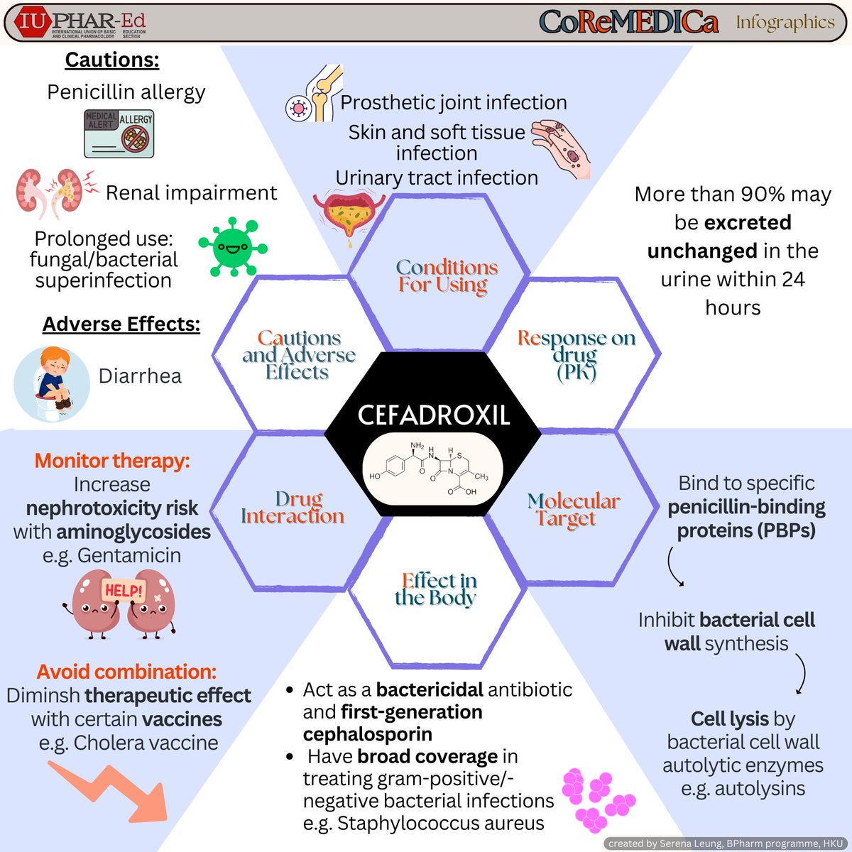 IUPHAR_Ed's tweet image. Cefadroxil is the drug featured in today&apos;s CoReMEDICa infographic (creator: Serena Leung, supervisor: Willmann Liang, @HkuPharm).

If you wish to share your own pharmacology teaching and learning materials, please do let us know here or via email (willmann@hku.hk).