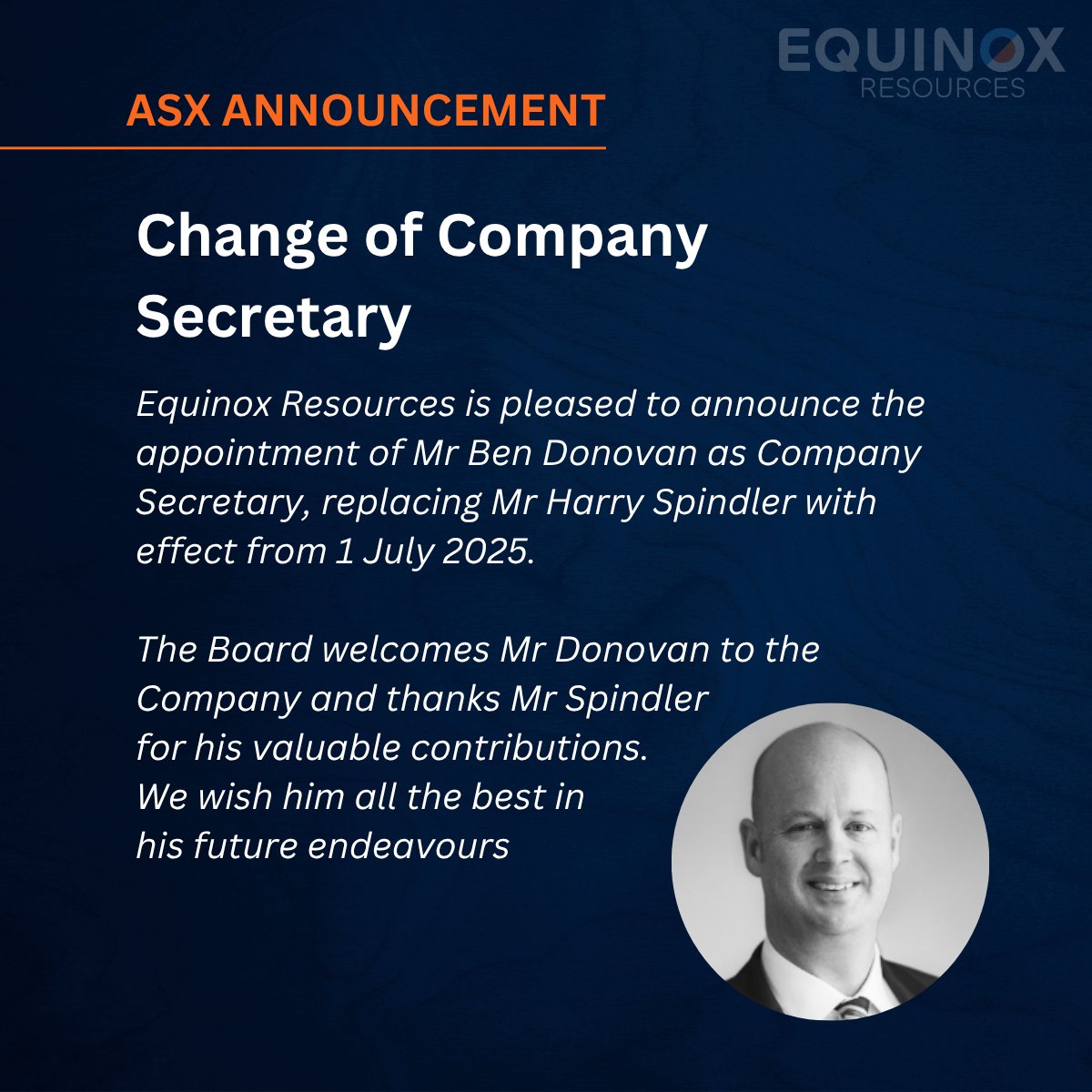 EminenceMins's tweet photo. #EQN is pleased to announce the appointment of Mr Ben Donovan as Company Secretary, replacing Mr Harry Spindler with effect from 1 July 2025 🔗https://t.co/WdaMVsAGD0 https://t.co/Izv8Fu58NW