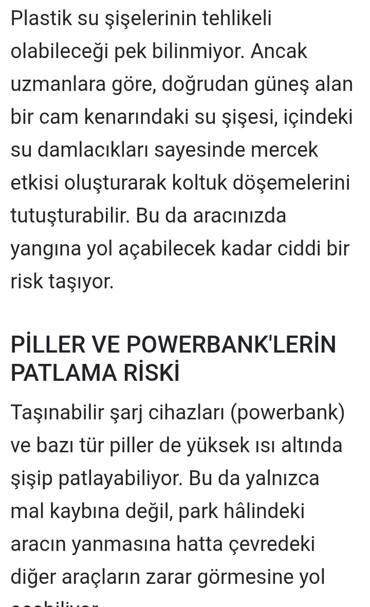 Yazın arabada unutulan çakmak parfüm powerbank pil su şişesi vb.araçlar dışarda 40 derece sıcaklığın araçta 70 dereceye ulaşınca arabanın patlamasına neden olur
Gölgeye Park etmeli camı  aralık bırakmalı güneşlik kullanmalıyız

#İzmirYanıyor
150 ev kül oldu 
1500k tahliye oldu