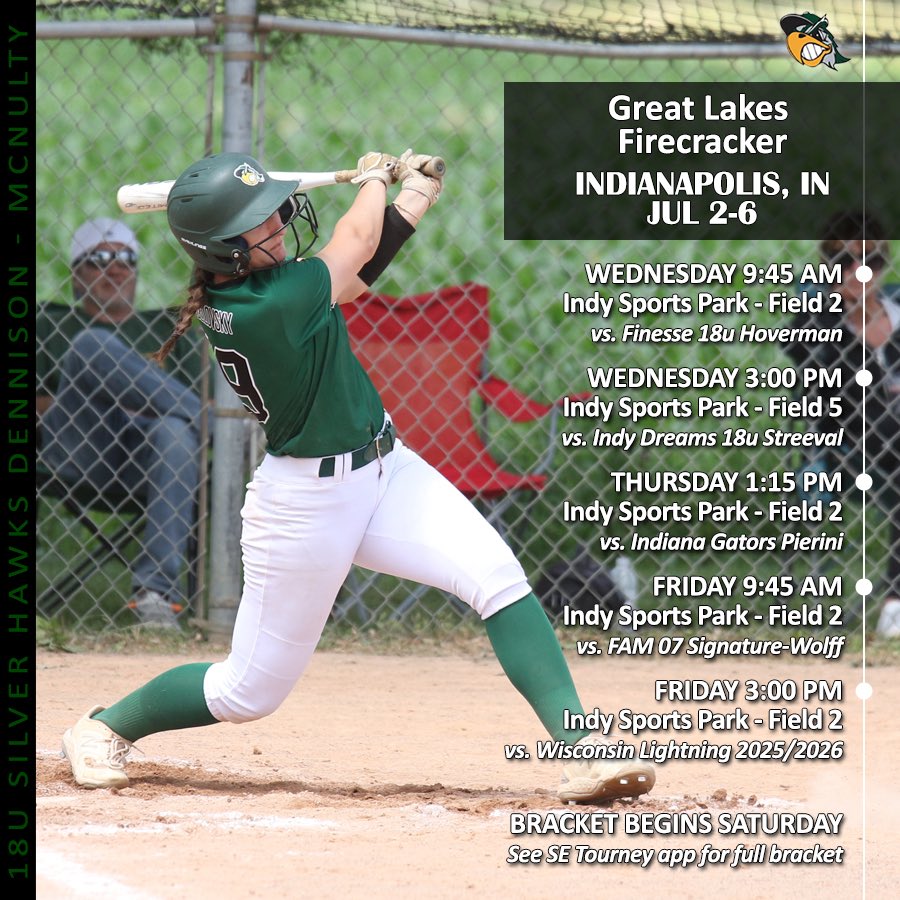 Lauren McNulty (@coach_mcnulty) on Twitter photo Indianapolis here we come! One of my favorite tournaments! 🚗 🌽 🥎
18U <a href="/SilverHawkSball/">Silver Hawks</a> schedule ⬇️!
All 18U games are at Indy Sports Complex this year. Three uncommitted 2026s to 👀
<a href="/LaurenKoz19/">Lauren Kozlovsky</a> 3B/OF/1B
<a href="/GiaWhelan2026/">Gianna Whelan</a> 2B/1B
<a href="/Avery_Miller10/">Avery Miller 2026</a> RHP/1B
^all can hit! Indianapolis here we come! One of my favorite tournaments! 🚗 🌽 🥎
18U <a href="/SilverHawkSball/">Silver Hawks</a> schedule ⬇️!
All 18U games are at Indy Sports Complex this year. Three uncommitted 2026s to 👀
<a href="/LaurenKoz19/">Lauren Kozlovsky</a> 3B/OF/1B
<a href="/GiaWhelan2026/">Gianna Whelan</a> 2B/1B
<a href="/Avery_Miller10/">Avery Miller 2026</a> RHP/1B
^all can hit!