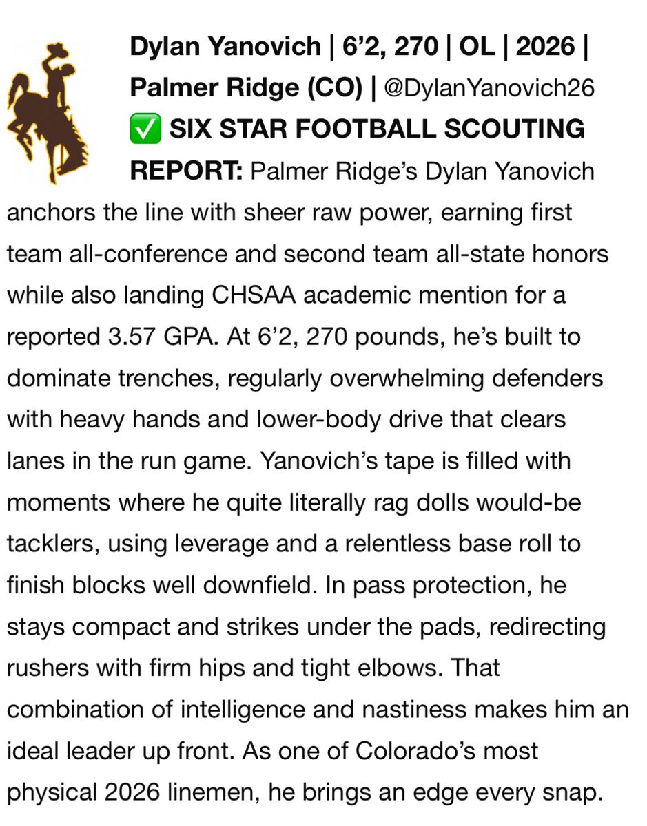 DylanYanovich26's tweet image. Thank you @sixstarfootball for the write up after the Wyoming camp! Can’t wait to the upcoming season and to get up to Laramie! @JaySawvel @CoachTripodi @CoachBHen @Austin_Maus @JamoBrown_ @samantha_patten