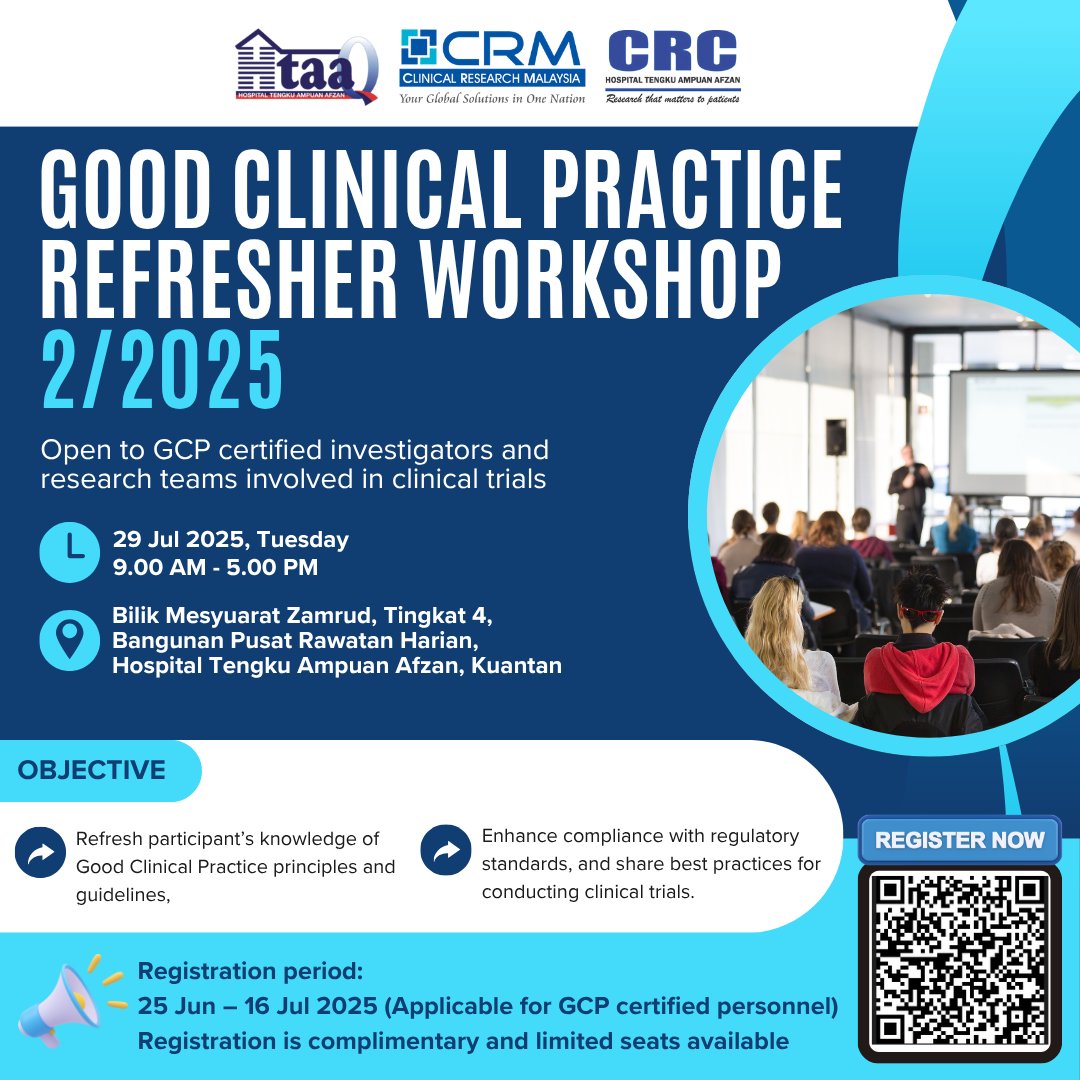 Calling all GCP certified investigators and research teams to join our GCP Refresher Workshop 2025 on 29 July 2025. Secure your spot in the link below before registration closes on 16 July 2025!

surveymonkey.com/r/Reg_GCPR22025

#clinicalresearchmy #advancingclinicalresearch